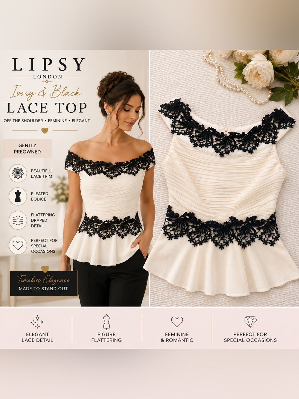 LIPSY London Ivory & Black Lace Peplum Top US 4